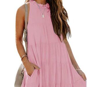 HAEOF Pink Boho Halter Maxi Dress Tiered Flowy Pockets Size M